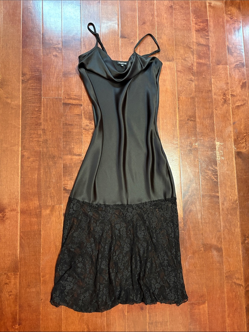 Bebe Black Satin Slip Dress with Lace Hem Size XS